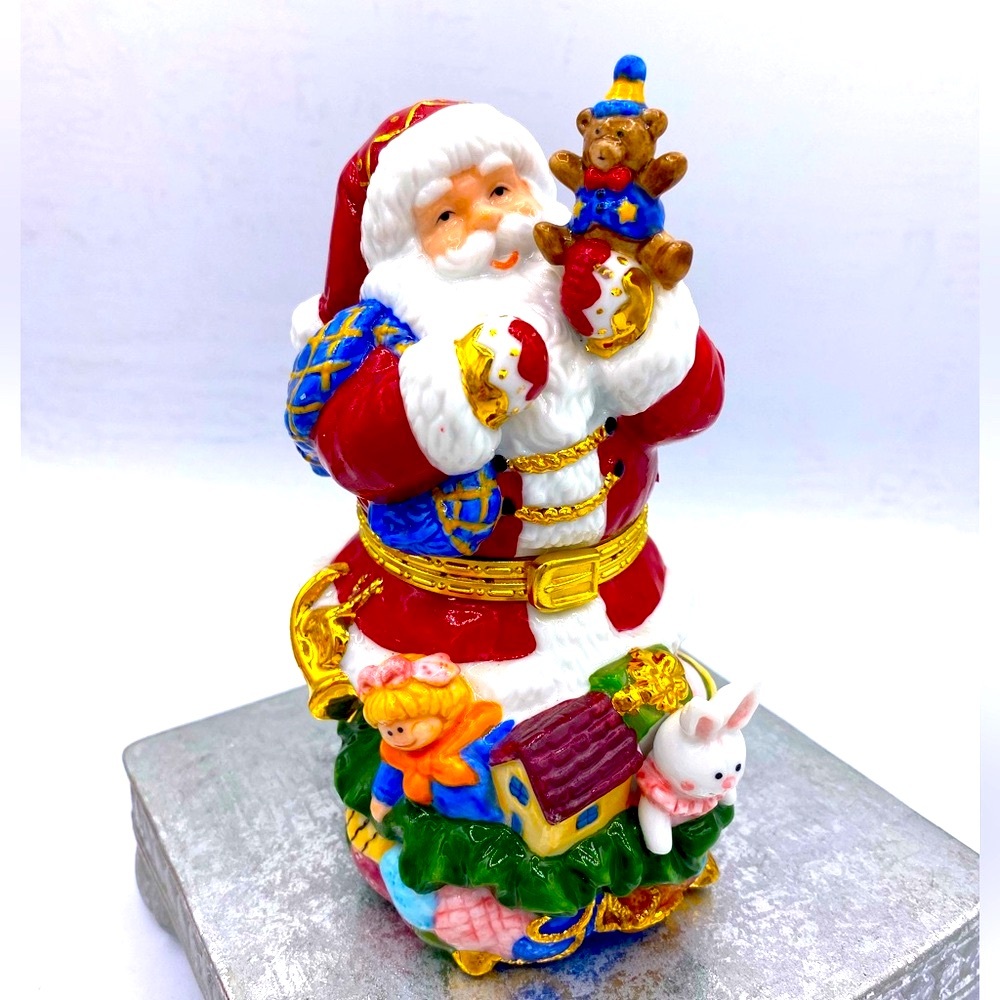 Vintage Santa Claus Hand Painted Porcelain Hinged  Trinket Box Christmas Decor